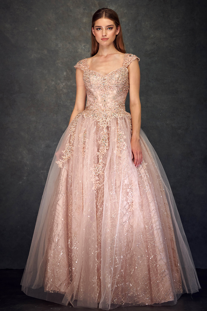 Vestido con escote delicado bordado con aplicaciones y pedrería (Rose Gold, XS)