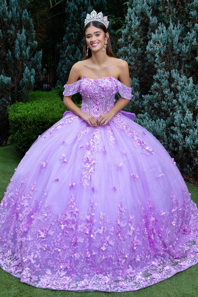 Vestido con hombros desmontables adornado con flores 3D (XS)