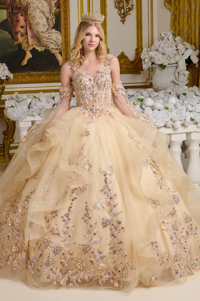 Vestido escote v con aplicaciones de mariposa en 3D (XS)