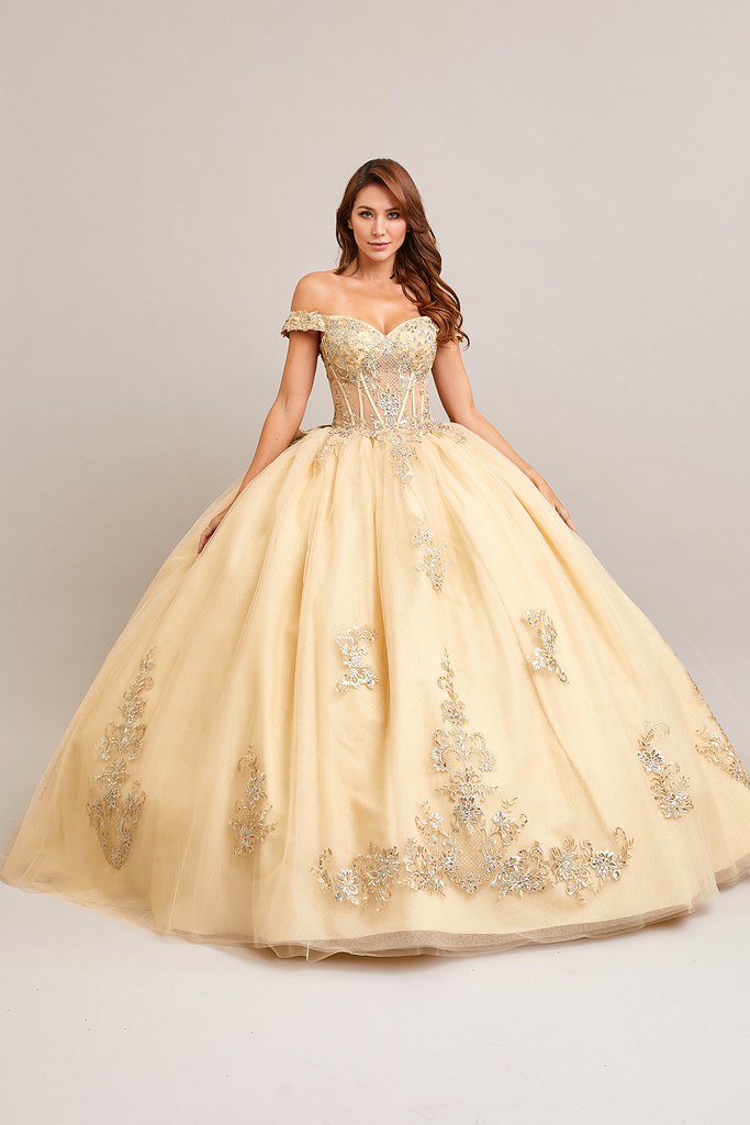 Vestido escote corazón bordado con manga off shoulder (XS)